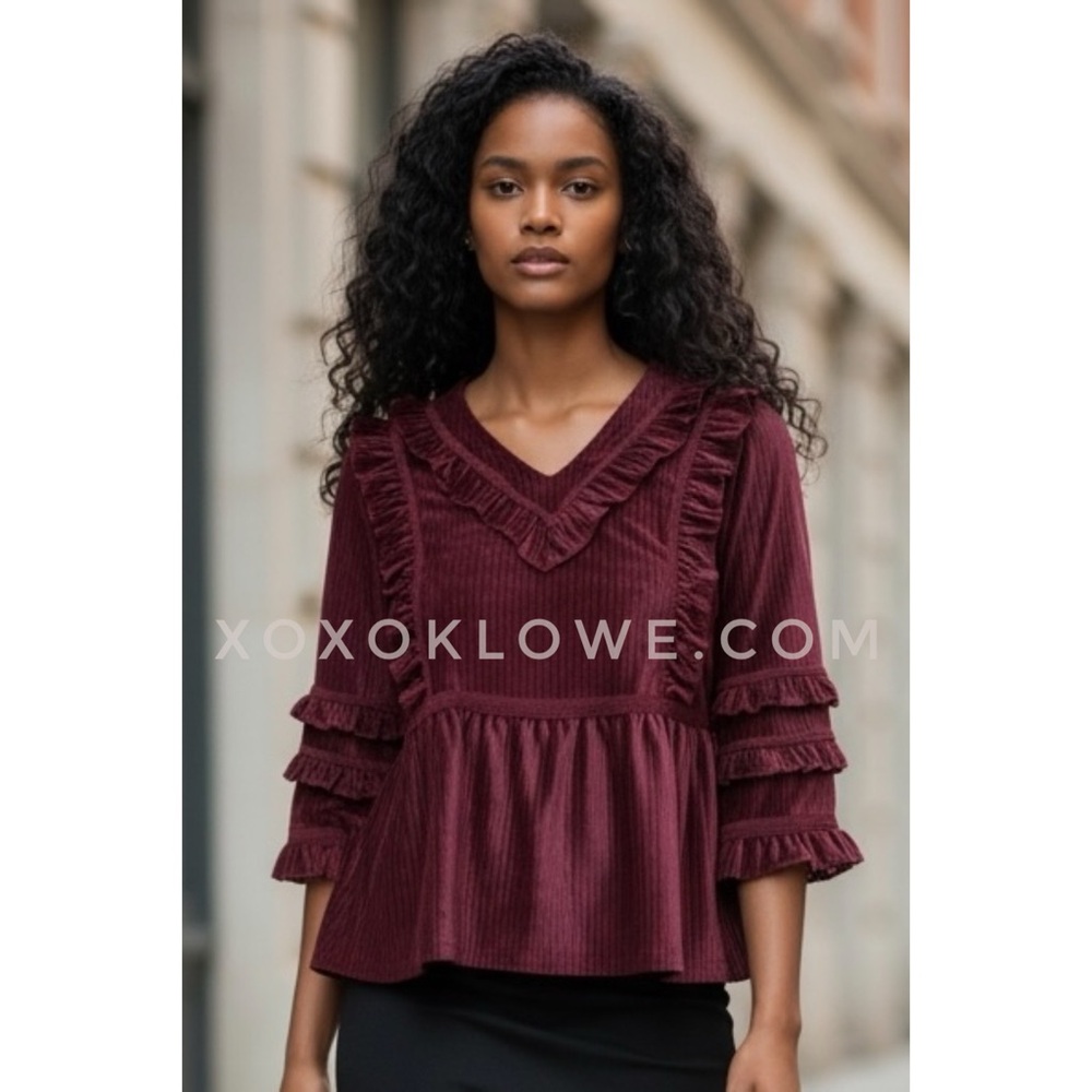 POL Burgundy Velvet V Neck Top | Ruffle Peplum